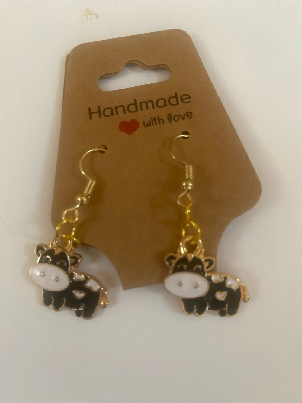 Handmade Kids Black & White Cow Charm Earrings with Gold Accents
